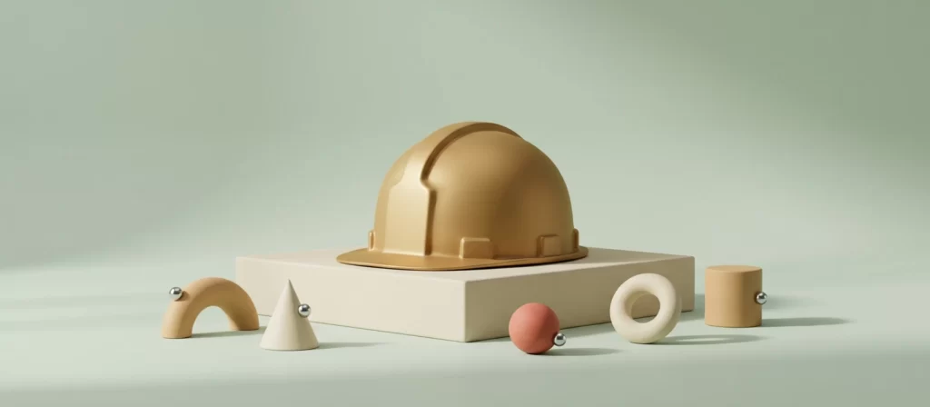 Casco de obra de latón mate sobre un pedestal bajo, entre formas geométricas de arcilla