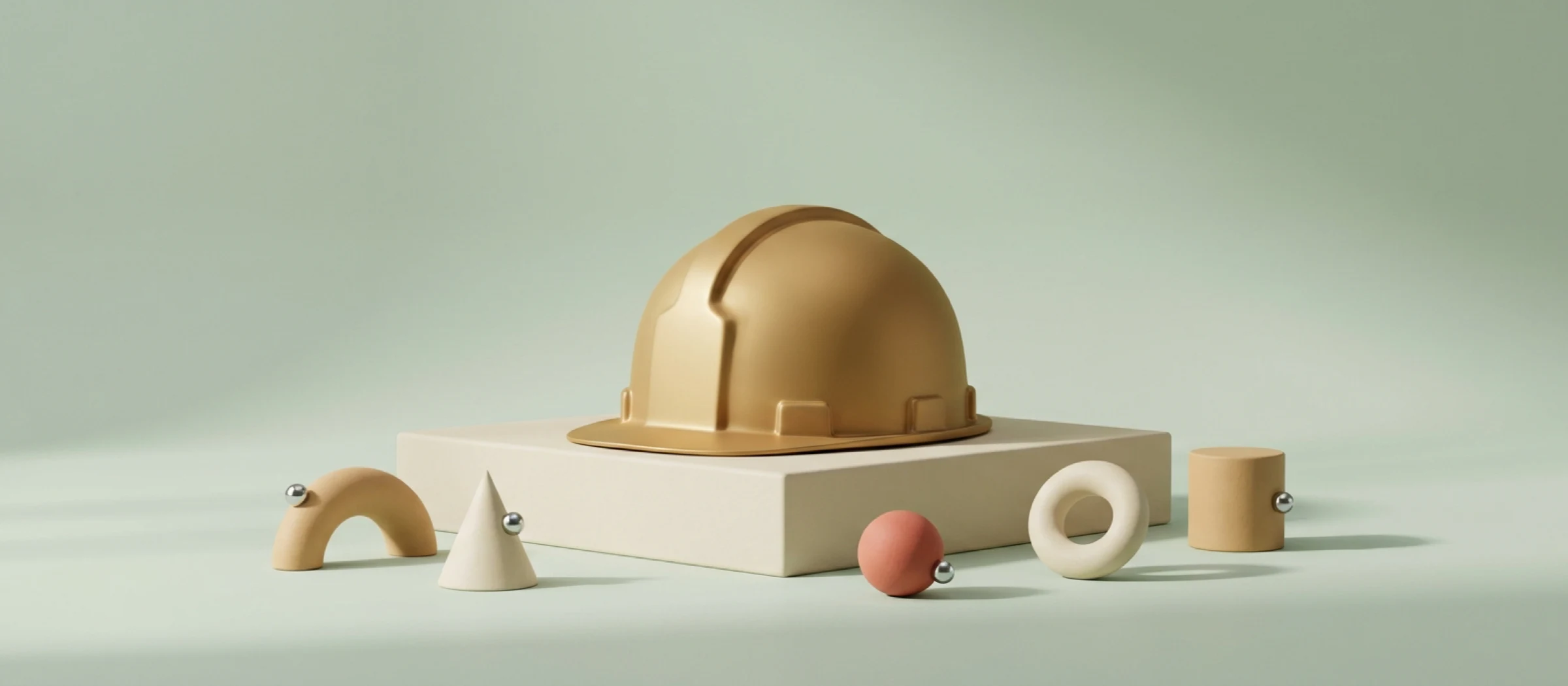 Casco de obra de latón mate sobre un pedestal bajo, entre formas geométricas de arcilla