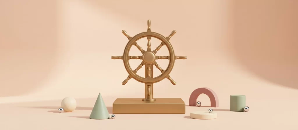 Timón de barco de latón sobre un pedestal bajo, entre formas de arcilla