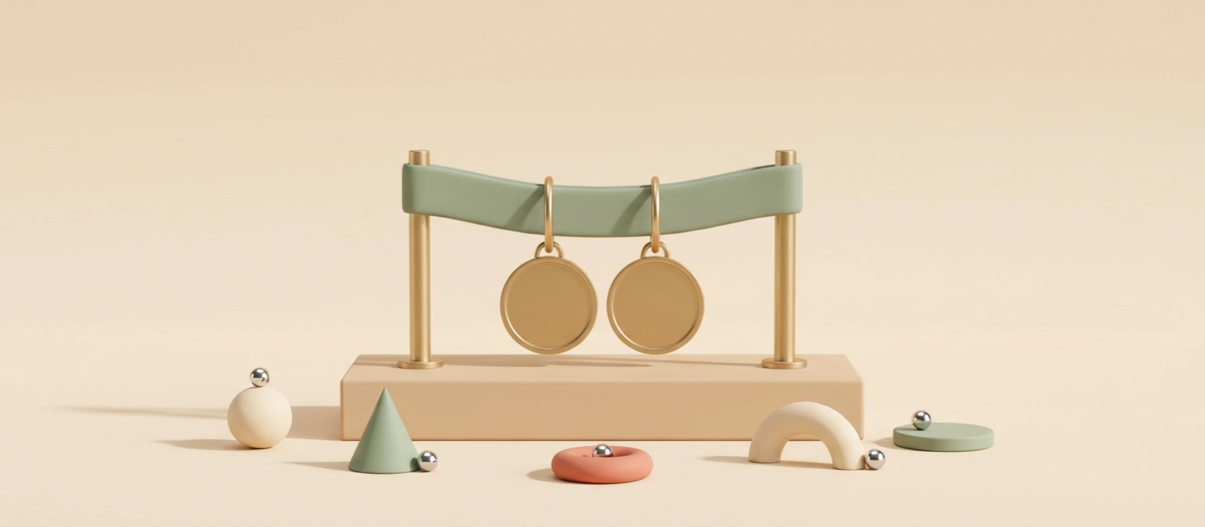 Dos medallas de latón idénticas colgadas de una misma cinta verde, sobre un pedestal bajo